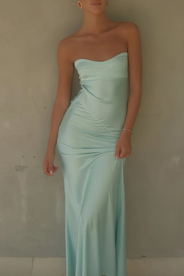 Lavender Strapless Sheath Satin Open Back Long Prom Dresses – Prom Dress by KissProm | Available at KissProm