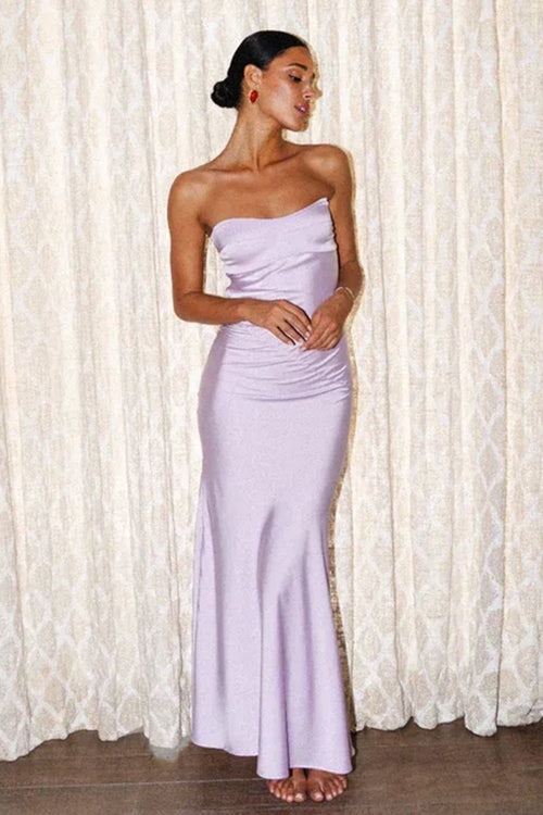 Lavender Strapless Sheath Satin Open Back Long Prom Dresses – Prom Dress by KissProm | Available at KissProm