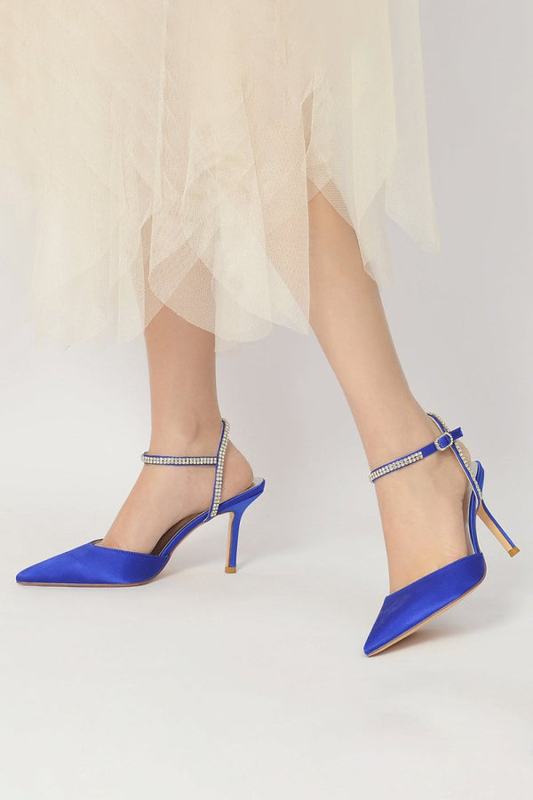 Party Crystal Strap Pointed Toe Satin Stiletto Heels - KissProm