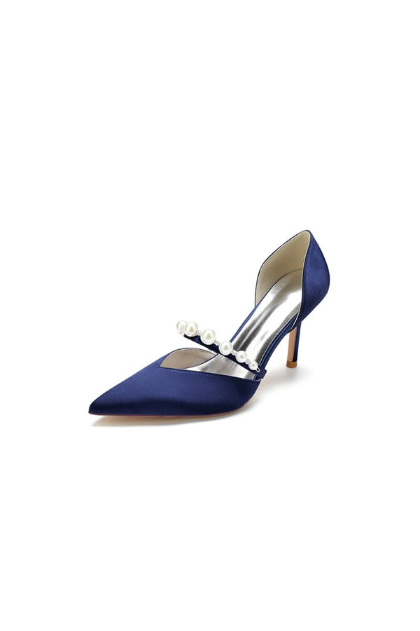 Party Pearl Strap Pointed Toe Satin High Heels - KissProm