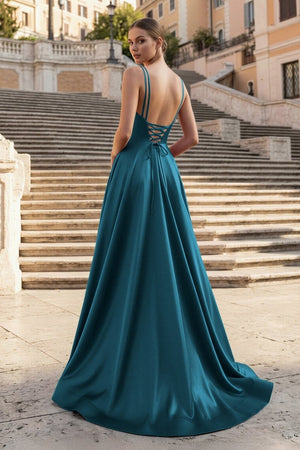 Burgundy Spaghetti Straps A Line Satin Long Prom Dresses With Slit - KissProm