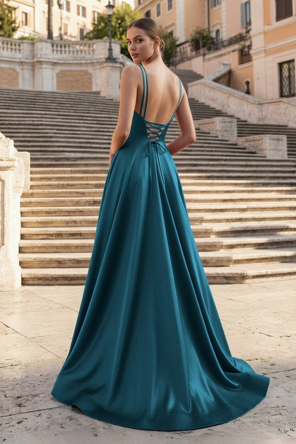 Burgundy Spaghetti Straps A Line Satin Long Prom Dresses With Slit - KissProm