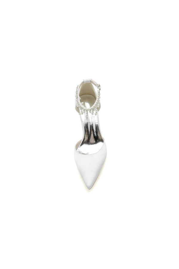Pearl Beaded Pointed Toe Ankle Strap Chunky Heel - KissProm