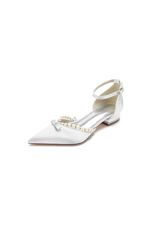 Pearl Bow Buckle Strap Pointed Toe Flats - KissProm