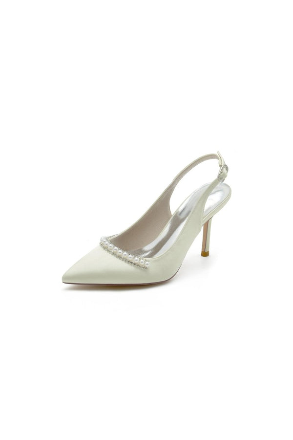 Pearl Embellished Peep Toe Slingback High Heels - KissProm