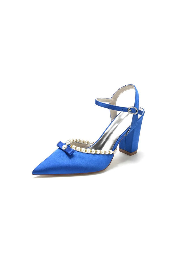 Pearl Pointed Toe Ankle Strap Chunky Heels With Bow - KissProm