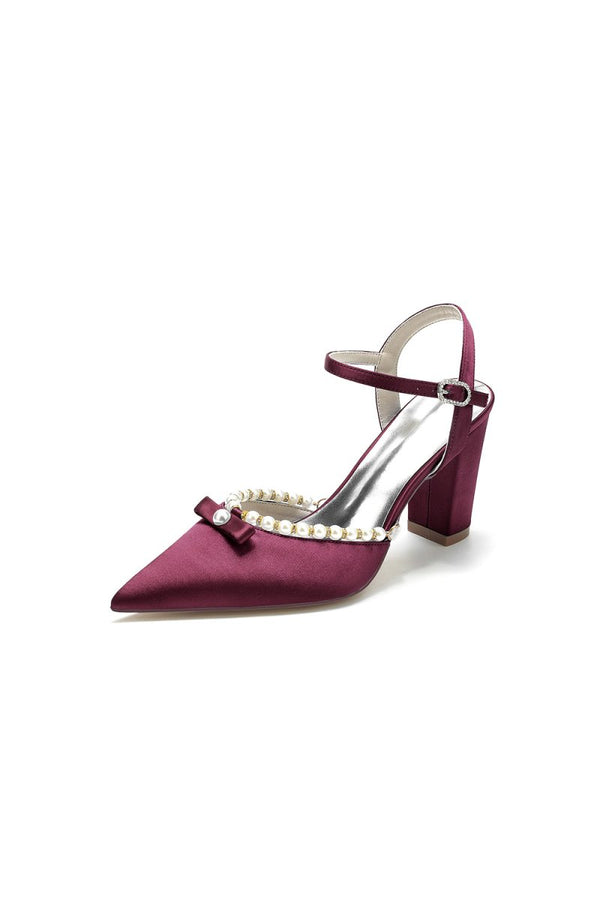Pearl Pointed Toe Ankle Strap Chunky Heels With Bow - KissProm