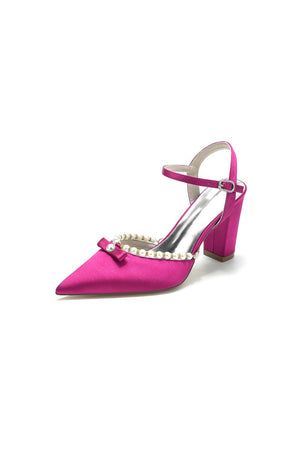 Pearl Pointed Toe Ankle Strap Chunky Heels With Bow - KissProm