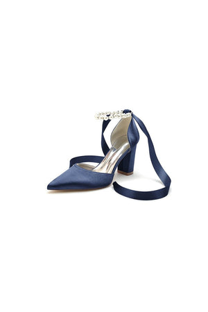 Pearl Ribbon Pointed Toe Ankle Strap Chunky Heel - KissProm