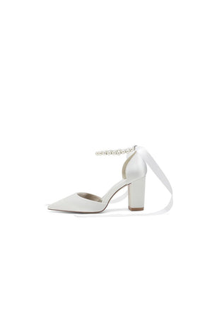 Pearl Ribbon Pointed Toe Ankle Strap Chunky Heel - KissProm
