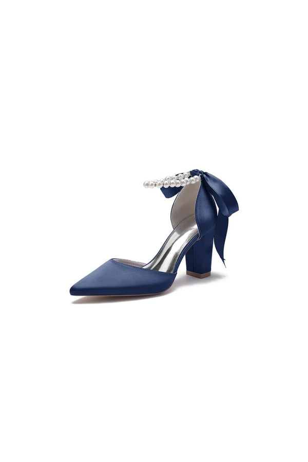 Pearl Ribbon Pointed Toe Ankle Strap Chunky Heel - KissProm