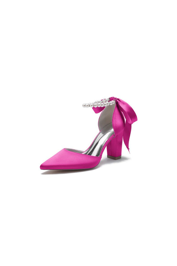 Pearl Ribbon Pointed Toe Ankle Strap Chunky Heel - KissProm