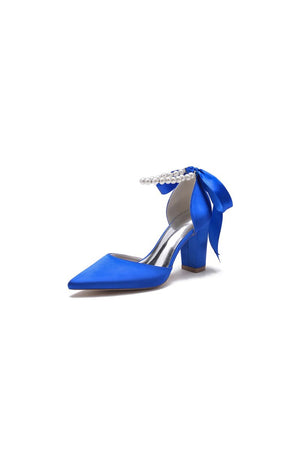 Pearl Ribbon Pointed Toe Ankle Strap Chunky Heel - KissProm