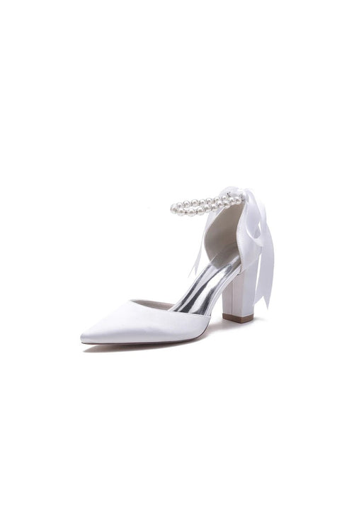 Pearl Ribbon Pointed Toe Ankle Strap Chunky Heel - KissProm