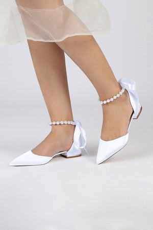 Pearl Ribbon Pointed Toe Ankle Strap Kitten Heels - KissProm