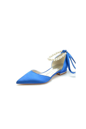Pearl Ribbon Pointed Toe Ankle Strap Kitten Heels - KissProm