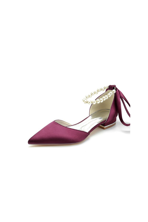 Pearl Ribbon Pointed Toe Ankle Strap Kitten Heels - KissProm