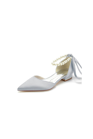 Pearl Ribbon Pointed Toe Ankle Strap Kitten Heels - KissProm
