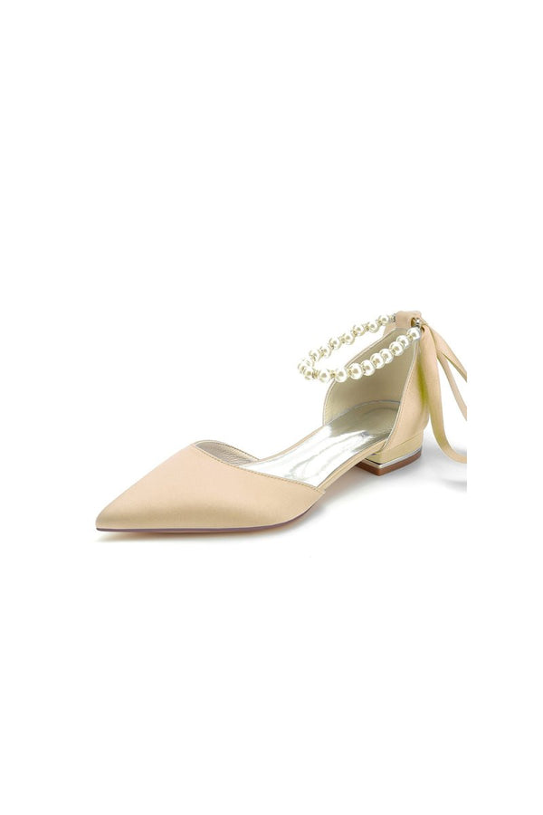 Pearl Ribbon Pointed Toe Ankle Strap Kitten Heels - KissProm