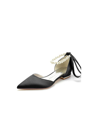 Pearl Ribbon Pointed Toe Ankle Strap Kitten Heels - KissProm