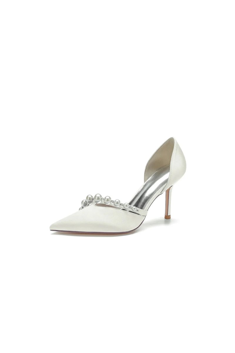 Pearl Strap Pointed Toe Satin High Heels - KissProm