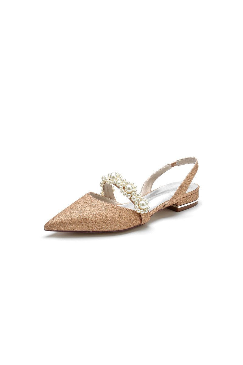 Pearl Strap Slingback Sequin Pointed Toe Flats - KissProm