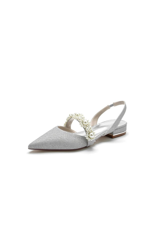 Pearl Strap Slingback Sequin Pointed Toe Flats - KissProm