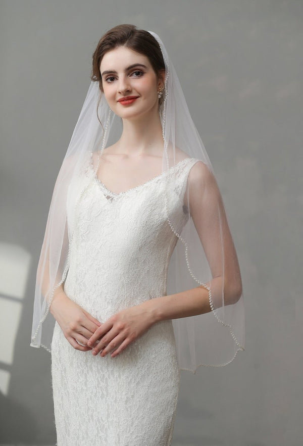 Vintage Pearls Ivory With Beaded Scalloped Bridal Veil Wedding Veil - KissProm