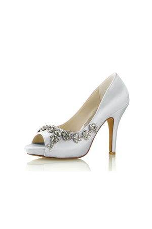 Peep Toe Block Heels With Rhinestone Flower - KissProm