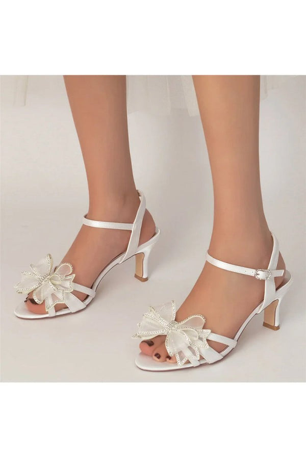 Peep Toe Chunky Wedding Shoes with Bow - KissProm