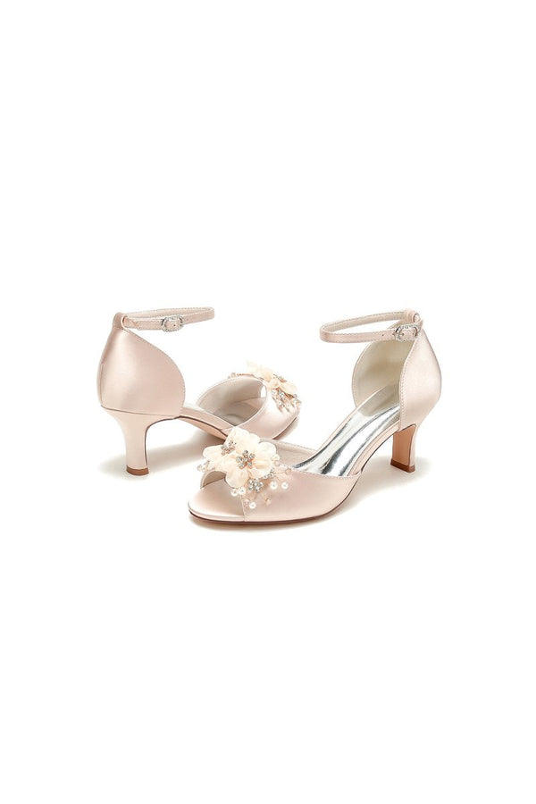 Peep Toe Rhinestone Chunky Heel Pumps with Flower - KissProm