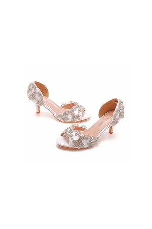 Peep Toe Satin Rhinestone Slip On High Heels - KissProm