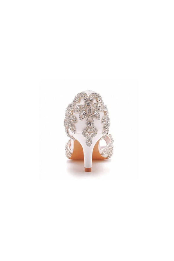 Peep Toe Satin Rhinestone Slip On High Heels - KissProm