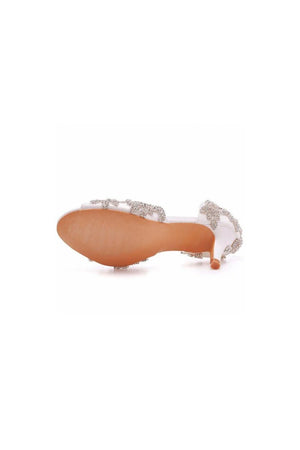 Peep Toe Satin Rhinestone Slip On High Heels - KissProm