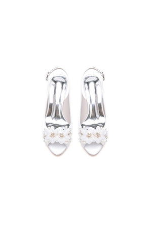 Peep Toe Slingback Beaded Chunky Wedding Shoes with Flowers - KissProm