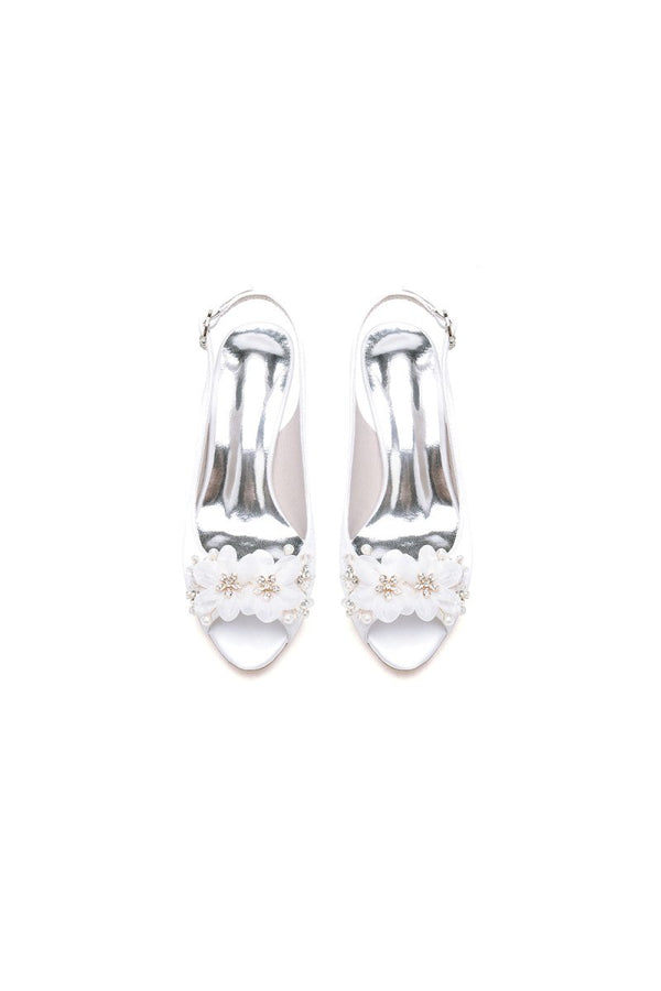 Peep Toe Slingback Beaded Chunky Wedding Shoes with Flowers - KissProm