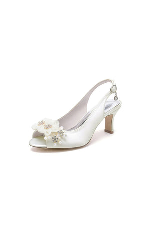 Peep Toe Slingback Beaded Chunky Wedding Shoes with Flowers - KissProm