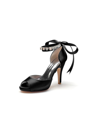 Peep Toe Stiletto Heels with Ankle Rhinestone Strap - KissProm