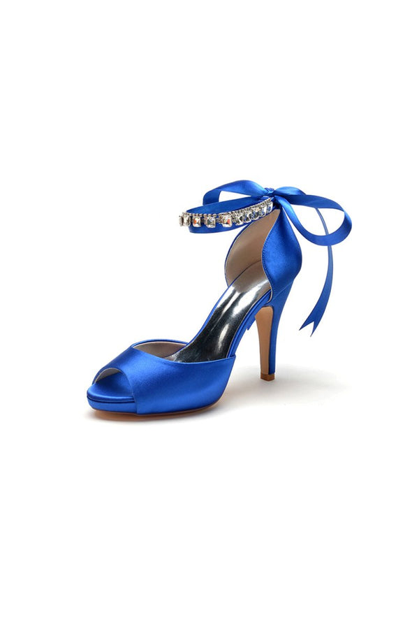 Peep Toe Stiletto Heels with Ankle Rhinestone Strap - KissProm
