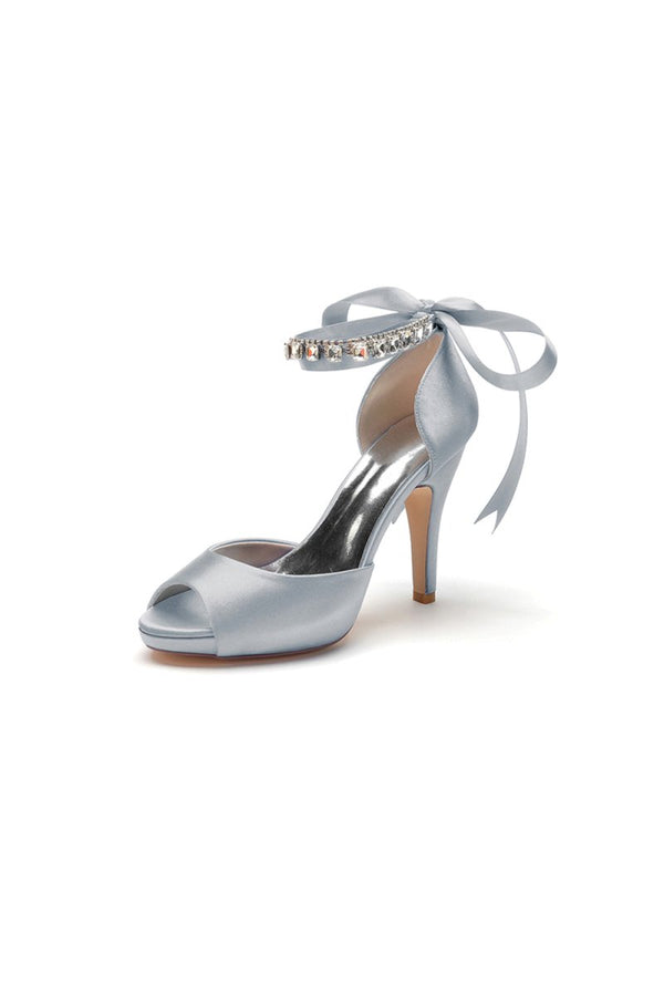 Peep Toe Stiletto Heels with Ankle Rhinestone Strap - KissProm