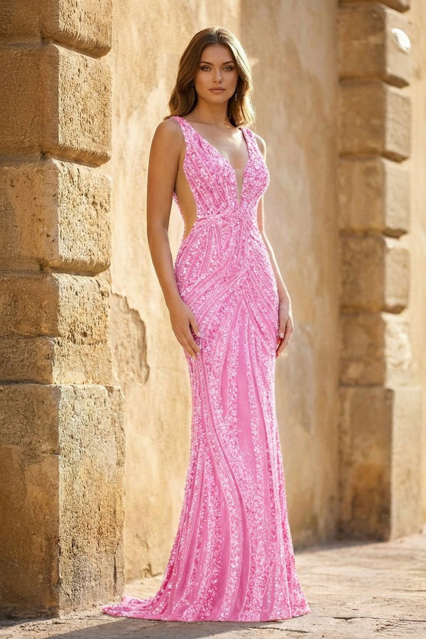 Royal Blue Mermaid V Neck Sequined Long Prom Dresses - KissProm
