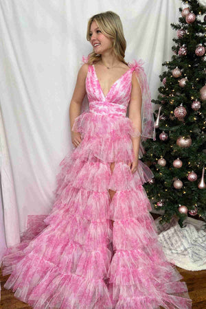 KissProm-Kylee V-Neck Tie Straps Pink Floral Print Layered Long Prom Dress