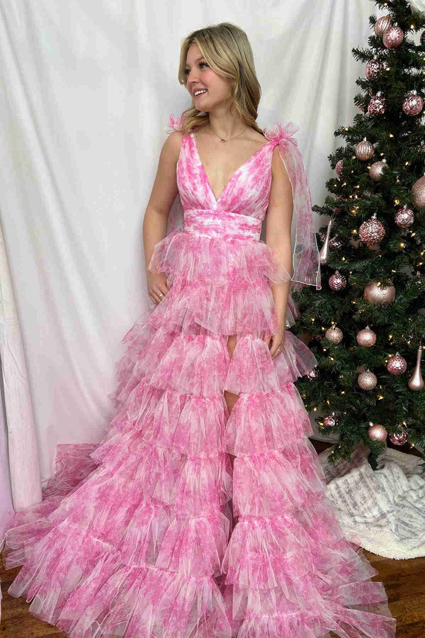 KissProm-Kylee V-Neck Tie Straps Pink Floral Print Layered Long Prom Dress