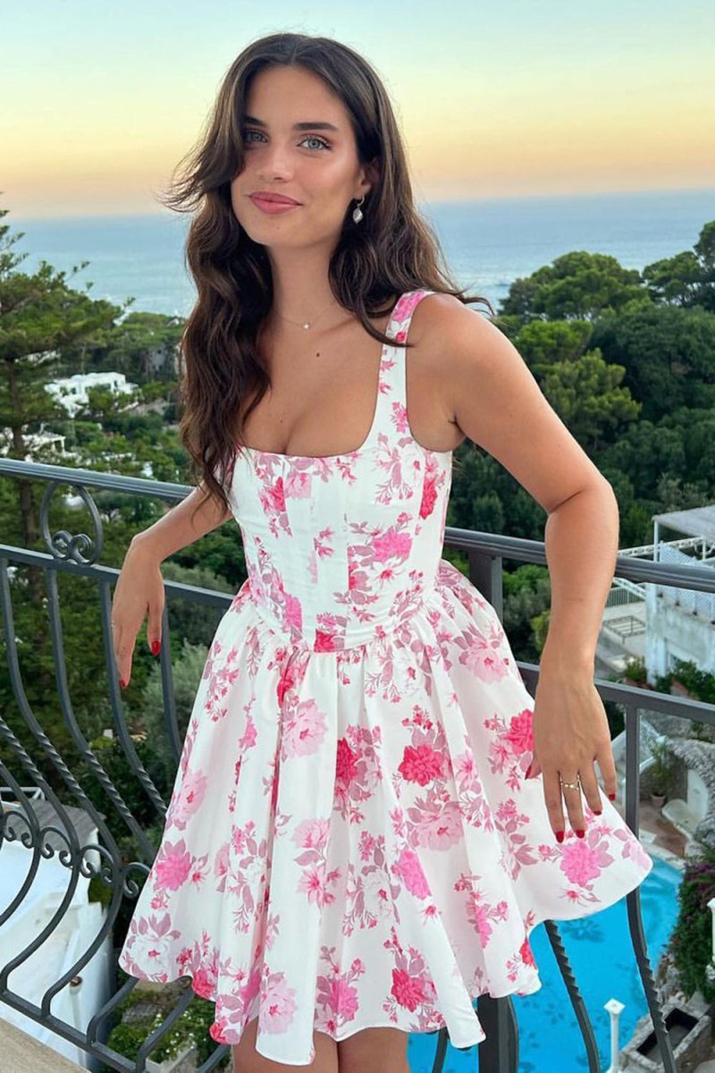 Pink A Line Floral Satin Short Homecoming Dress – Homecoming Dresses by KissProm | Available at KissProm