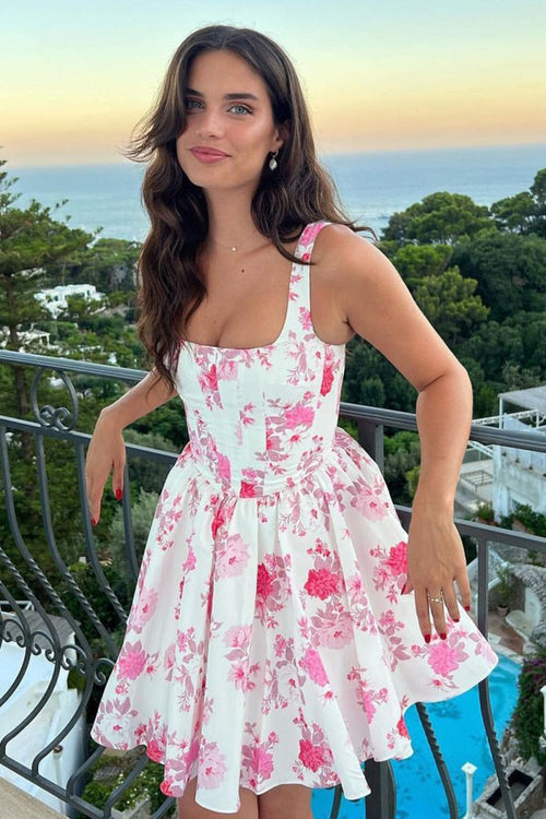 Pink A Line Floral Satin Short Homecoming Dress – Homecoming Dresses by KissProm | Available at KissProm