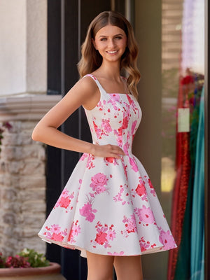 Pink A Line Floral Satin Short Homecoming Dress – Homecoming Dresses by KissProm | Available at KissProm