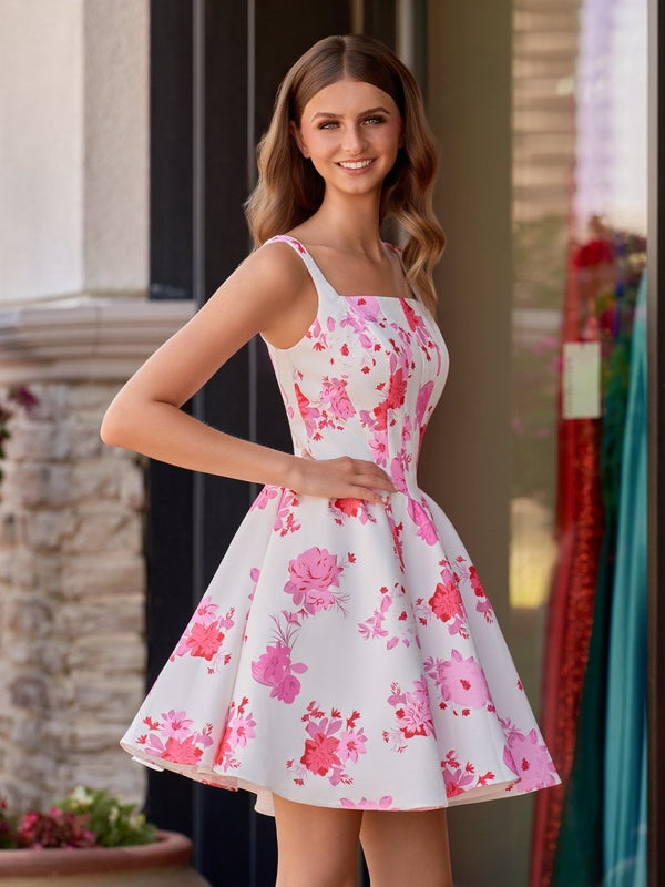 Pink A Line Floral Satin Short Homecoming Dress – Homecoming Dresses by KissProm | Available at KissProm