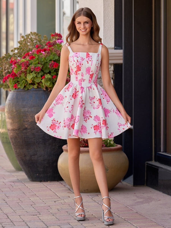 Pink A Line Floral Satin Short Homecoming Dress – Homecoming Dresses by KissProm | Available at KissProm