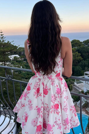 Pink A Line Floral Satin Short Homecoming Dress – Homecoming Dresses by KissProm | Available at KissProm