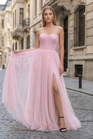 A - Line Sweetheart Beads Empire - Waist Sleeveless Prom Dress With Slit - KissProm